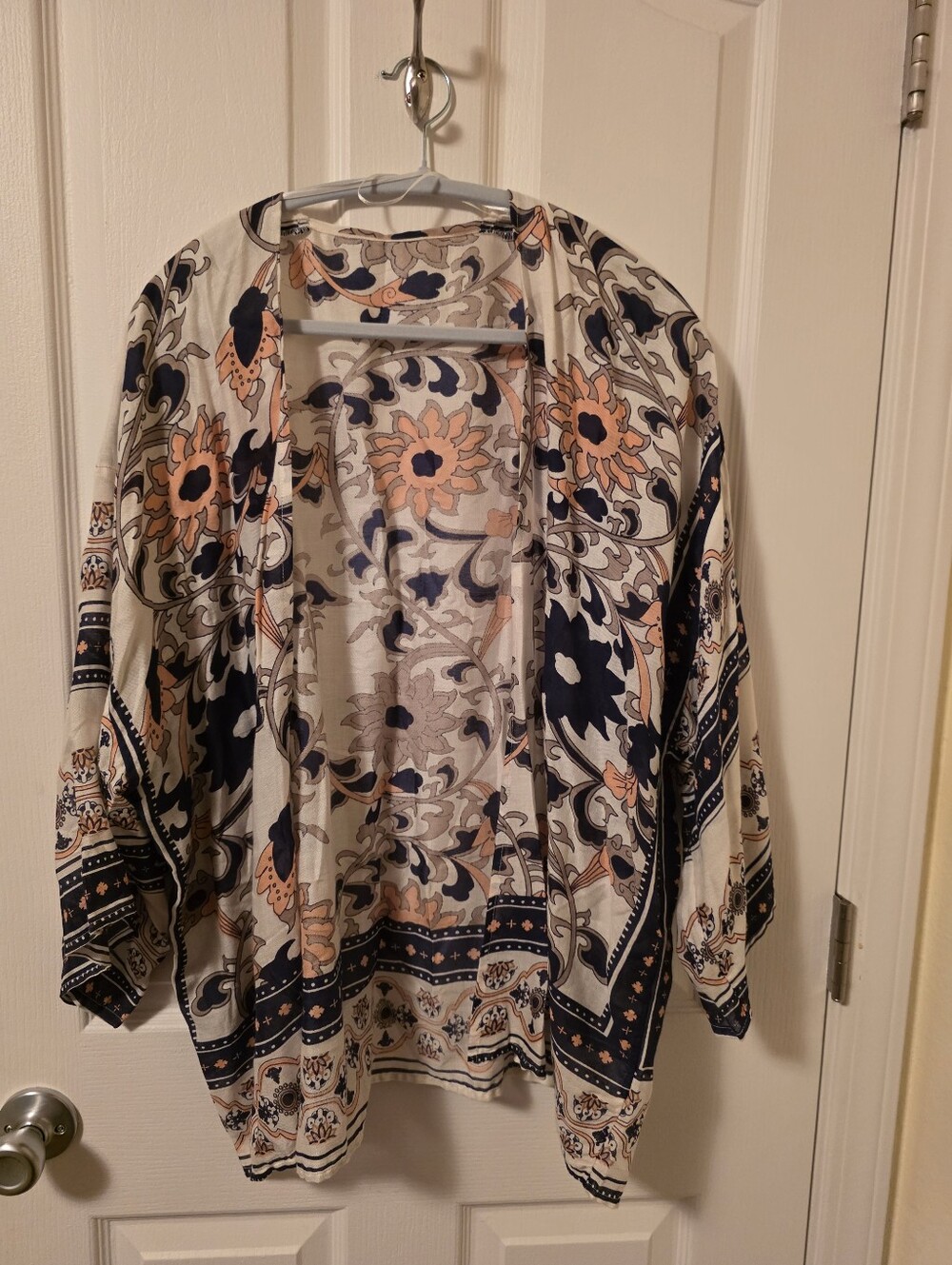Open-Front Floral Kimono Jacket - Cream & Navy